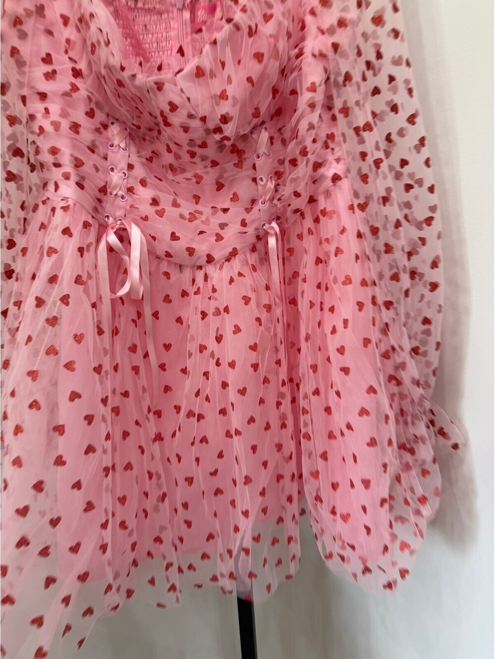 NWT 1x Sugar Thrillz Pink Heart Print Mesh Dress with Corset Detail - Picture 4 of 13